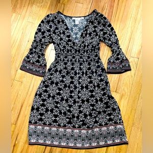 Max Studio black print 3/4 sleeve v neck dress size M medium EUC